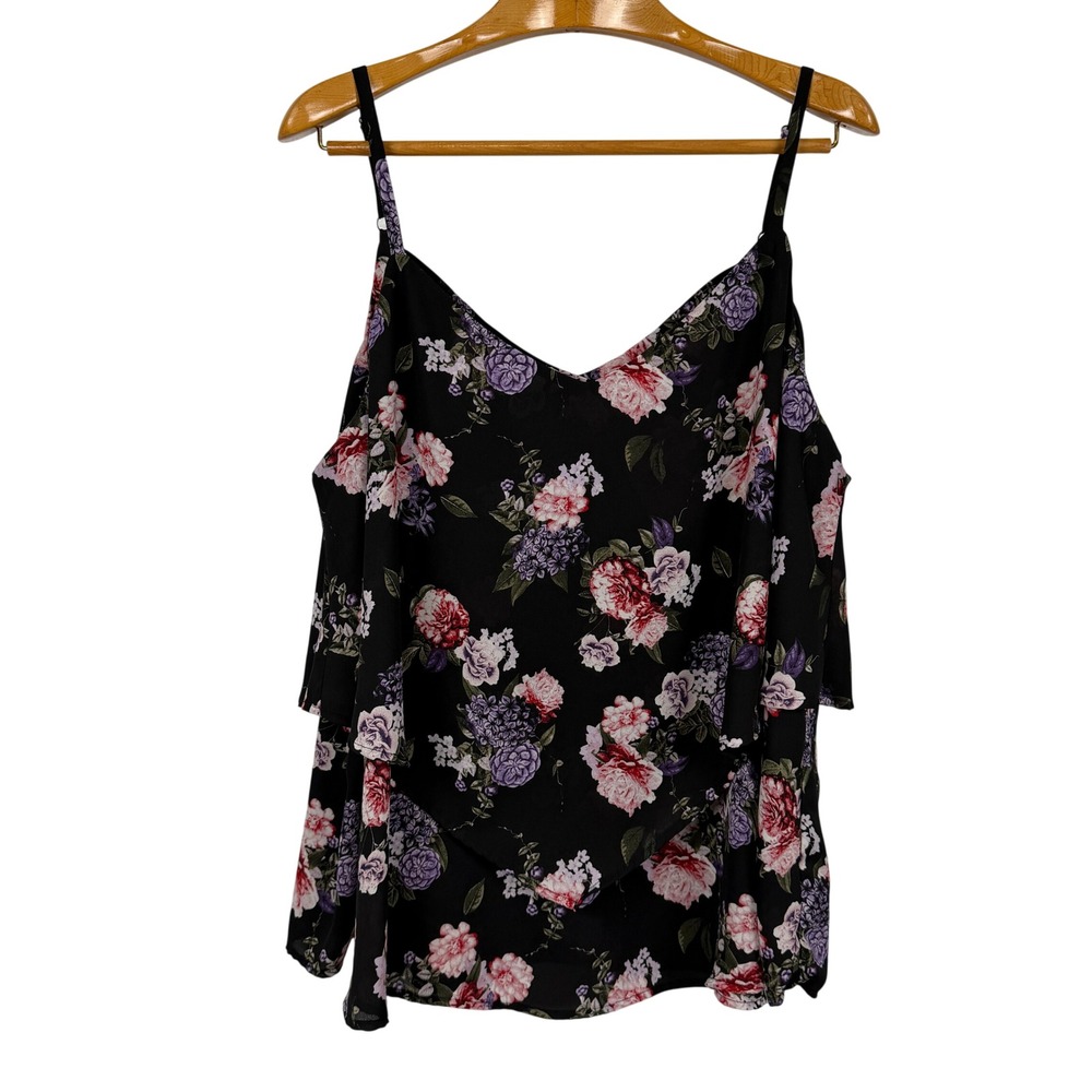 Torrid Floral Cami Top Layered Strappy Back Size 3 Black Pink Purple Rose